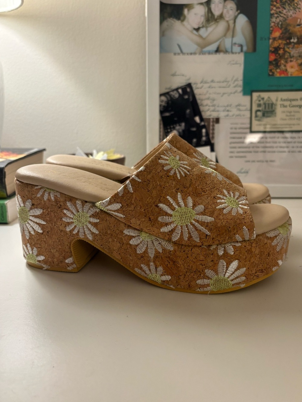 Platform Slide Sandals in Cork with Daisy Embroidery - Picture 2 of 4